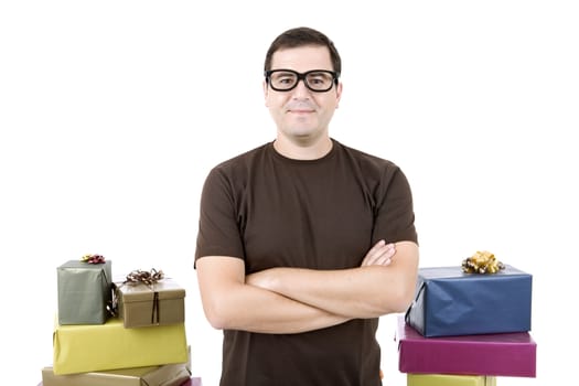 happy silly salesman with some boxes, isolated on white