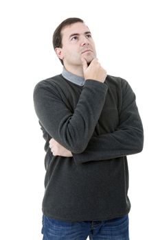 pensive young casual man portrait, isolated on white