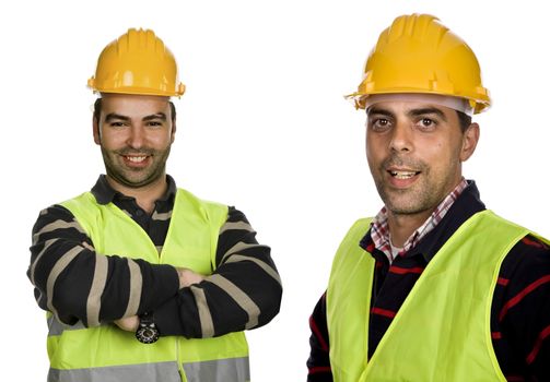 two young workers in a white background