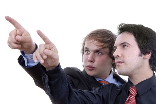 two young business men portrait on white. focus on the right man