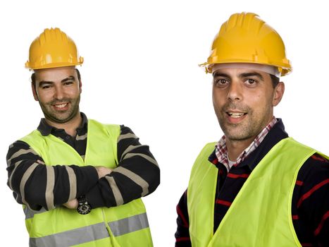 two young workers in a white background