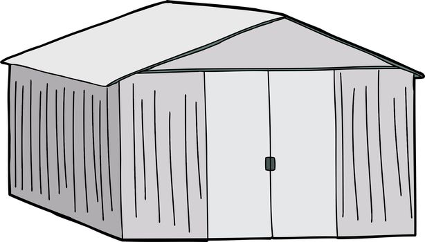 Cartoon of large shed with double doors on white background