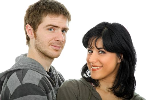 young casual couple together, isolated on white background