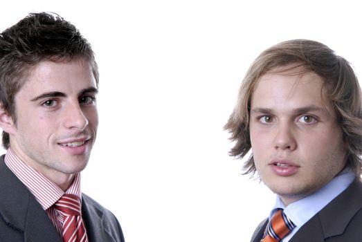 two young business men portrait on white.