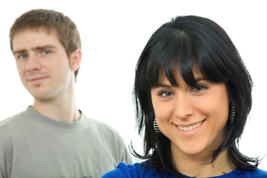 young casual couple together, isolated on white background