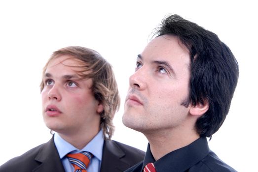 two young business men portrait on white. focus on the right man