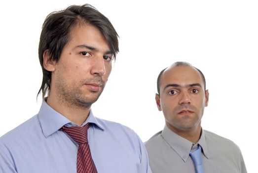 two young business men portrait on white. focus on the right man