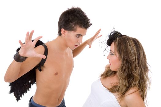 teen couple playing as actors on white background