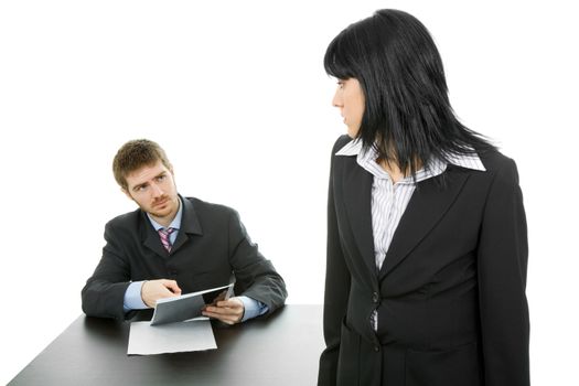 young business couple working, isolated, focus on the man