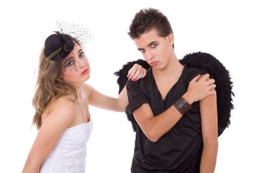 teen couple playing as actors on white background