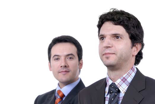 two young business men portrait on white. focus on the right man