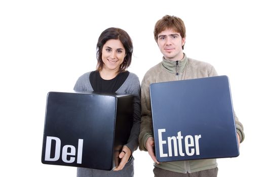 young couple with the enter and del keys