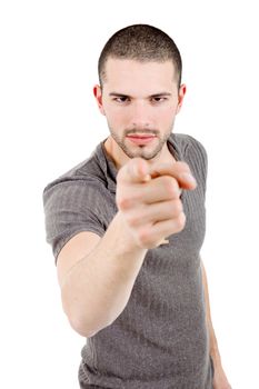 young casual man pointing, isolated on white