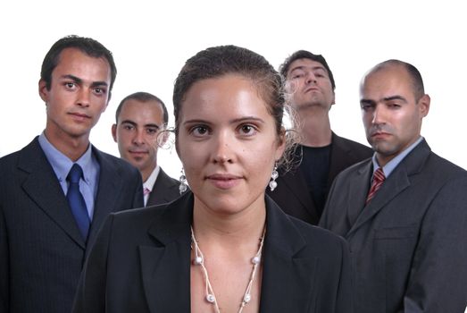 business team, isolated on white background, focus on the woman