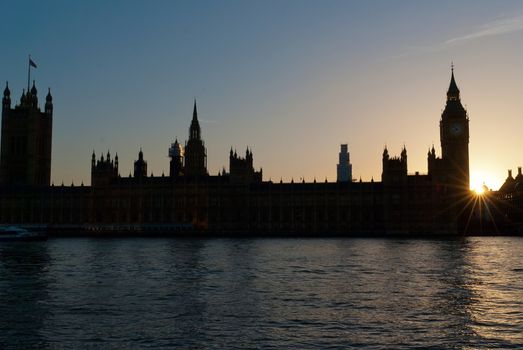 Silhouette of Big Ben and the Houses of Parliament in London in sunset in sunrise