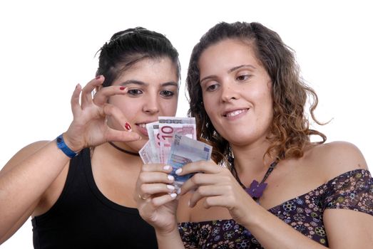 two women with money isolated on white