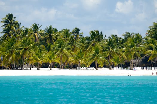 Caribbean island with a nice beach and green palms. The picture of the beach is taken from a boat on sea.