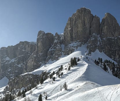 Winter landscape from Gardena Pass on the Group of Sella, Dolomiti