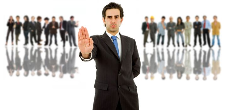 an young man in front of a group of people, isolated