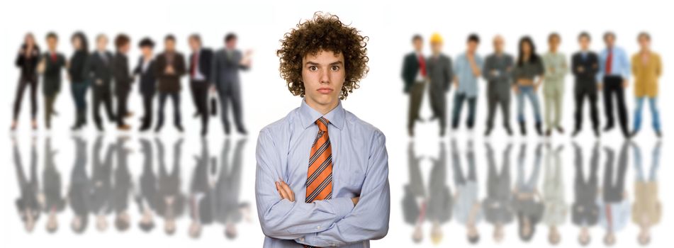 an young man in front of a group of people, isolated