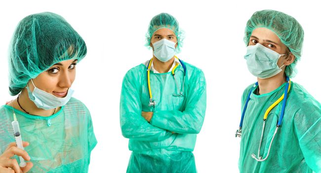 three young doctors, isolated on white background