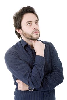 pensive young casual man portrait, isolated on white