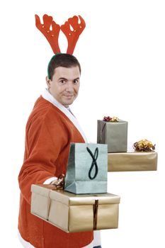 young man with santa hat holding some gifts, isolated