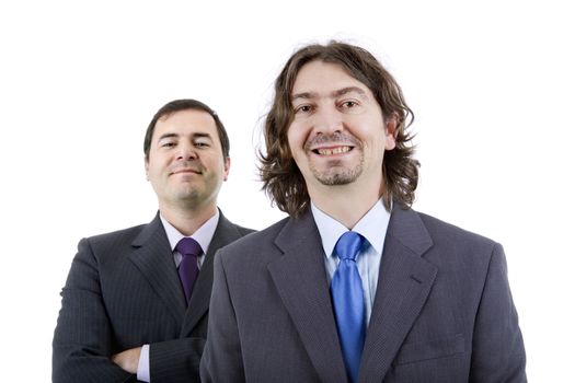 two silly young business men portrait on white