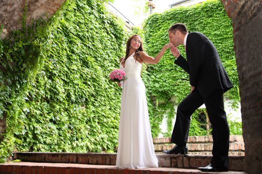 Portrait of a young bride and groom