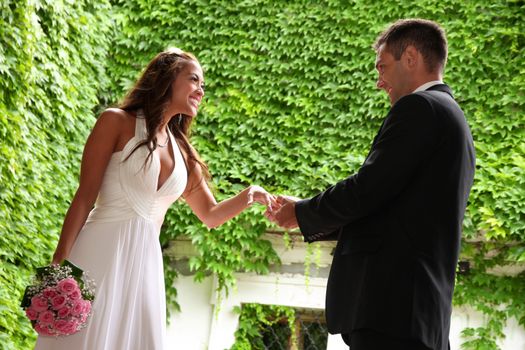 Portrait of a young bride and groom