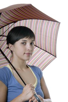 young brunette girl with a umbrella, isolated