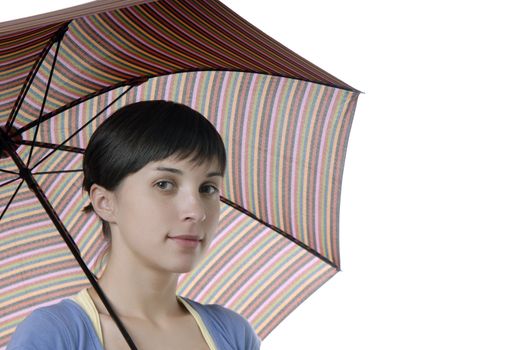 young brunette girl with a umbrella, isolated