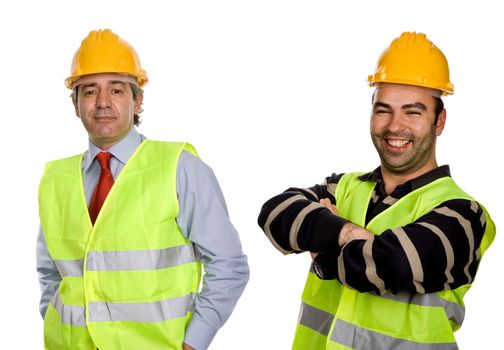 happy workers with yellow hat, in a white background