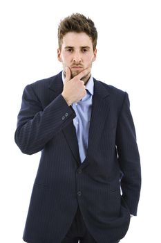 pensive young casual man portrait, isolated on white