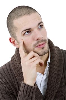 pensive young casual man portrait, isolated on white