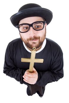 young man dressed as priest, isolated on white