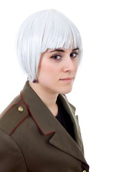 woman with a russian army coat and a white wig, isolated