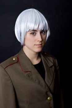 young woman with a russian army coat and a white wig