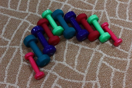 On the brown carpet lined multicolored dumbbells up arrow to the left