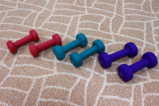 Red, green, blue dumbbells lie on the carpet for charging