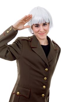 woman with a russian army coat and a white wig, isolated