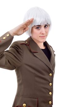 woman with a russian army coat and a white wig, isolated