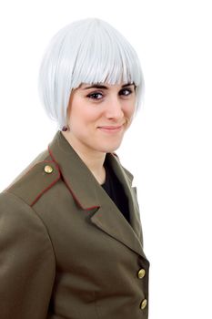 woman with a russian army coat and a white wig, isolated