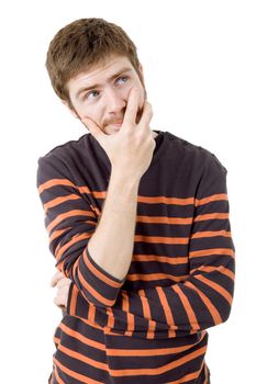 pensive young casual man portrait, isolated on white