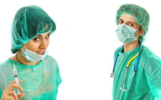 two young doctors, isolated on white background