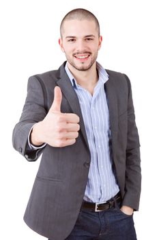 young casual man going thumb up, isolated on white