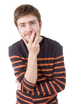 pensive young casual man portrait, isolated on white