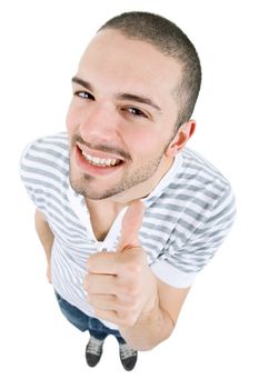 young casual man going thumb up, isolated on white