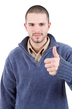 young casual man going thumb up, isolated on white