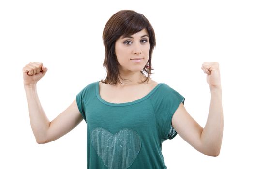 happy young woman winning, isolated on white